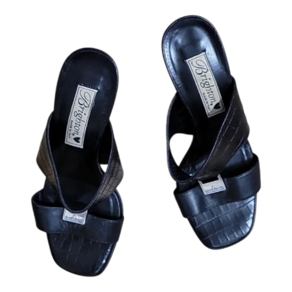 Brighton Ryan Black Croc Embossed Leather Sandals Square Toe Sz 6